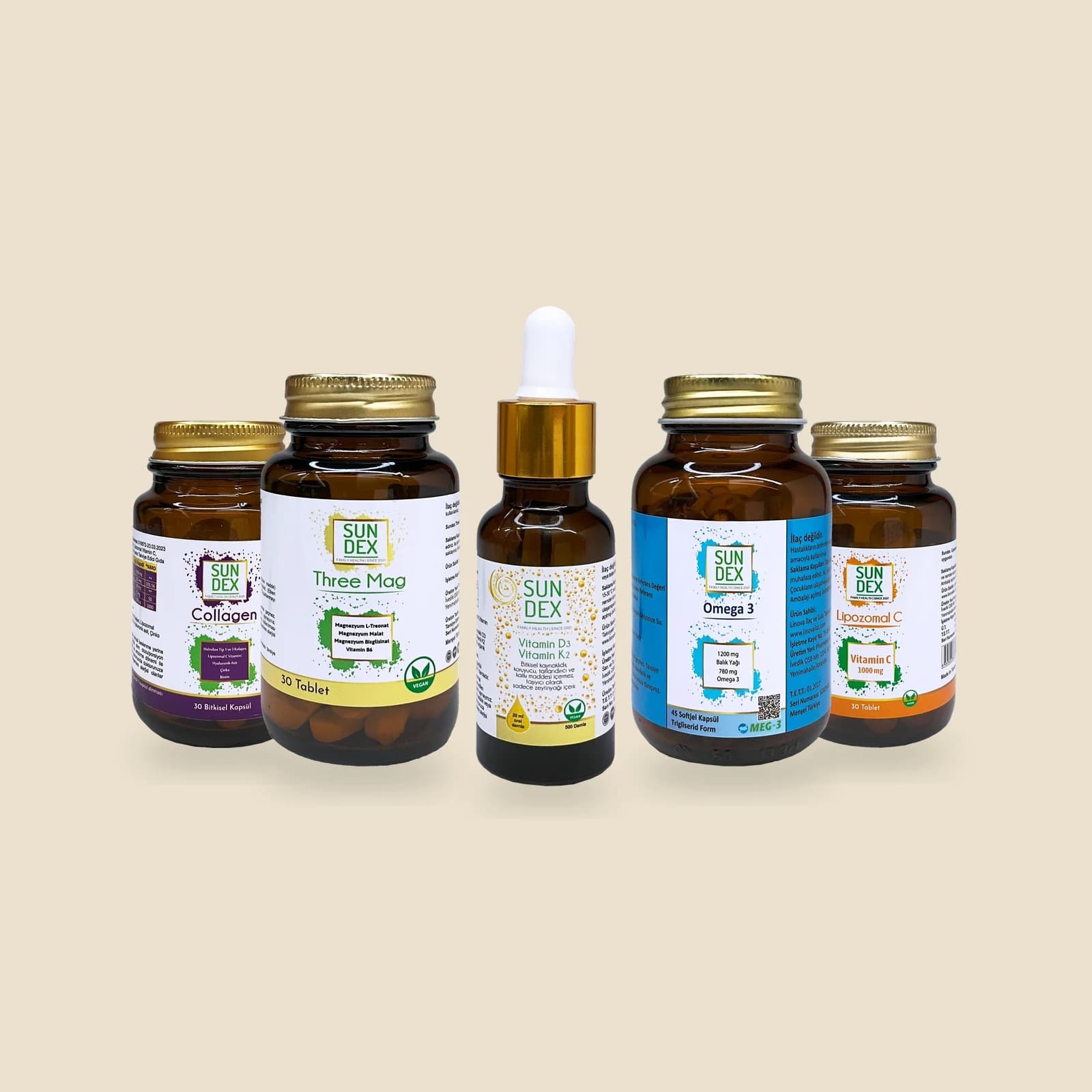 SUNDEX Collagen, Three Mag, Vitamin D3 K2, Omega 3 ve Lipozomal C yan yana