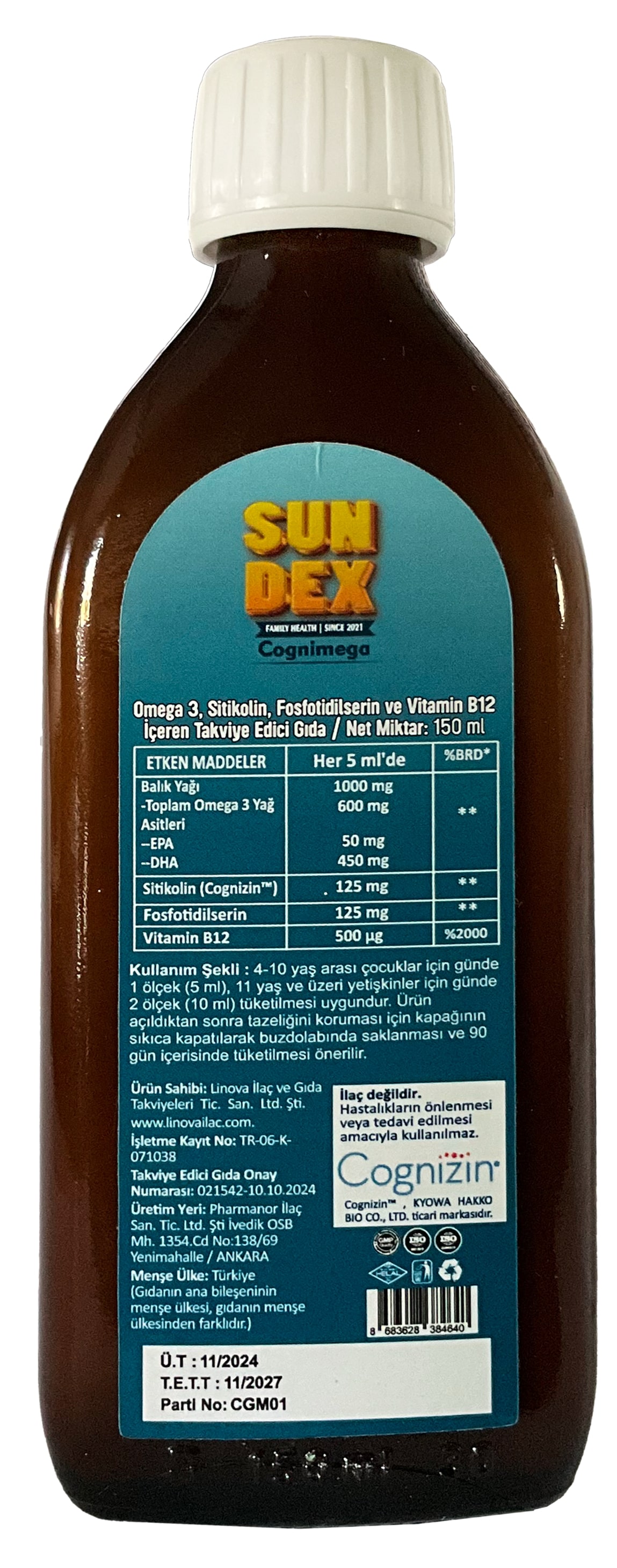 SUNDEX%20Cognimega%20DHA%20Omega%203,%20Sitikolin,%20Fosfotidilserin,%20Vitamin%20B12%20150%20ml